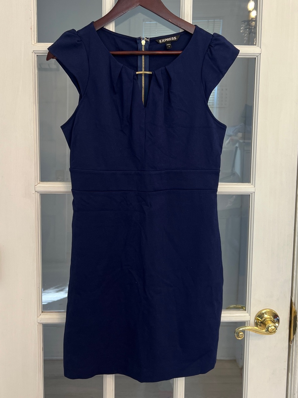 EXPRESS Women’s Navy Blue Pleated Neck Cap Sleeve Sheath Career Dress Size 10